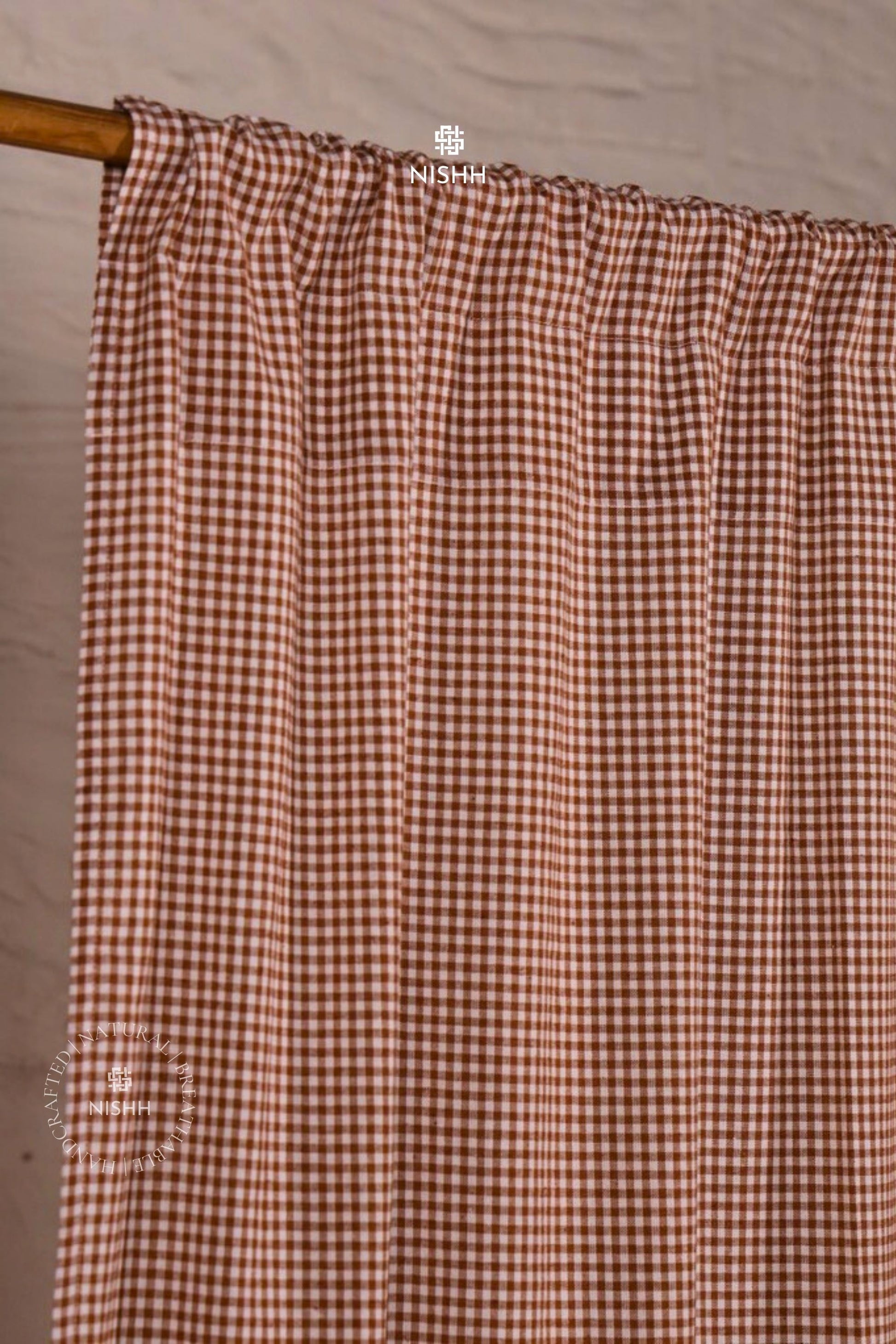 Rod pocket hanging detail of Willow gingham cotton curtain